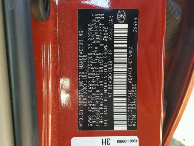 4T1BE46KX9U381142 - 2009 TOYOTA CAMRY BASE RED photo 10