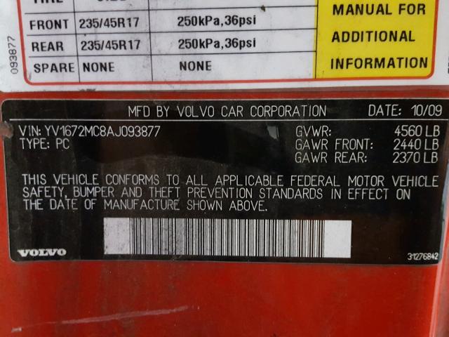 YV1672MC8AJ093877 - 2010 VOLVO C70 T5 RED photo 10