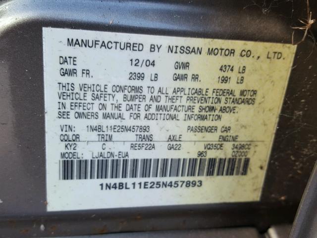 1N4BL11E25N457893 - 2005 NISSAN ALTIMA SE GRAY photo 10