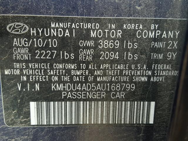 KMHDU4AD5AU168799 - 2010 HYUNDAI ELANTRA BL BLUE photo 10