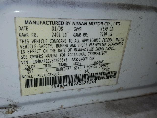 1N4BA41E28C825545 - 2008 NISSAN MAXIMA SE WHITE photo 10