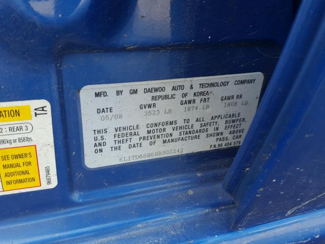 KL1TD56E69B302242 - 2009 CHEVROLET AVEO LS BLUE photo 10
