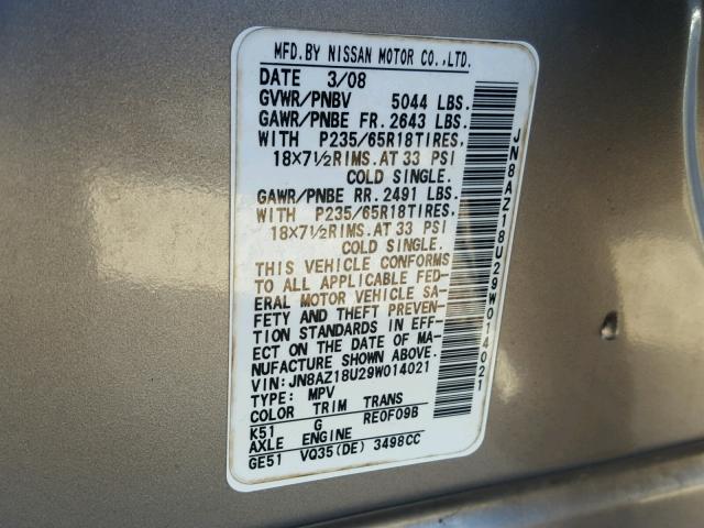 JN8AZ18U29W014021 - 2009 NISSAN MURANO S GRAY photo 10