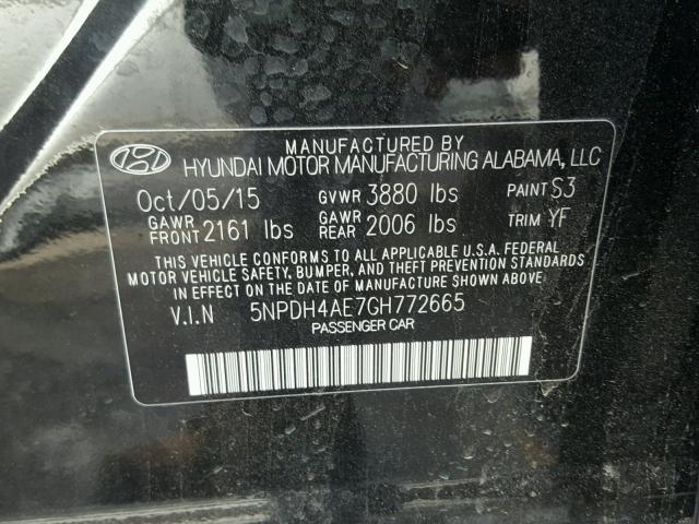 5NPDH4AE7GH772665 - 2016 HYUNDAI ELANTRA SE BLACK photo 10