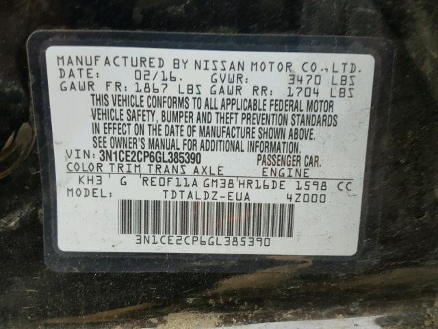 3N1CE2CP6GL385390 - 2016 NISSAN VERSA NOTE BLACK photo 10