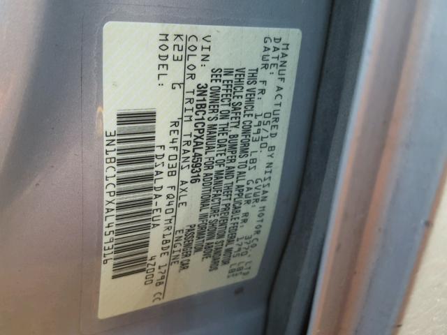 3N1BC1CPXAL459316 - 2010 NISSAN VERSA S SILVER photo 10