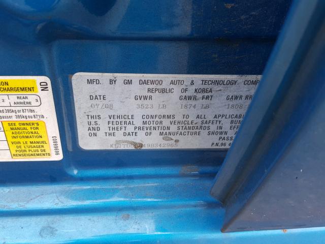 KL1TD56E49B342965 - 2009 CHEVROLET AVEO LS BLUE photo 10