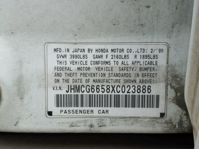 JHMCG6658XC023886 - 1999 HONDA ACCORD LX WHITE photo 10