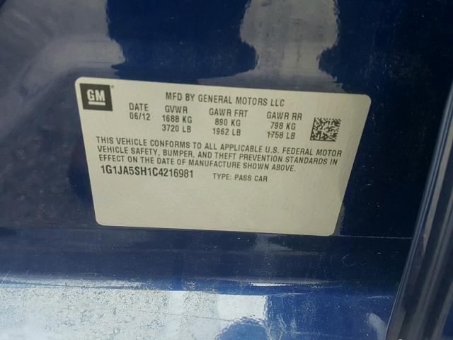 1G1JA5SH1C4216981 - 2012 CHEVROLET SONIC LS BLUE photo 10