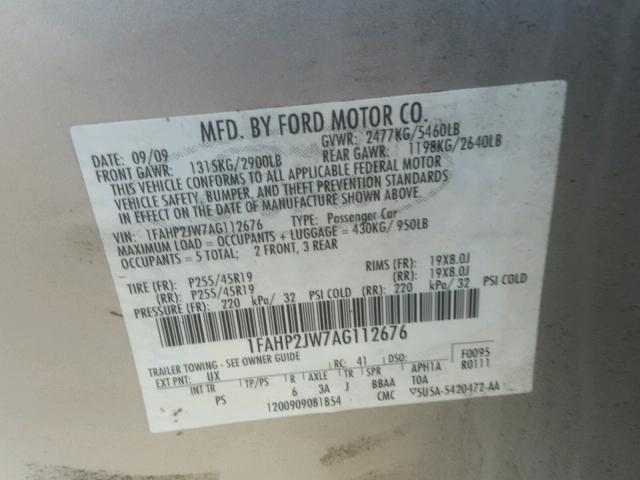 1FAHP2JW7AG112676 - 2010 FORD TAURUS LIM SILVER photo 10