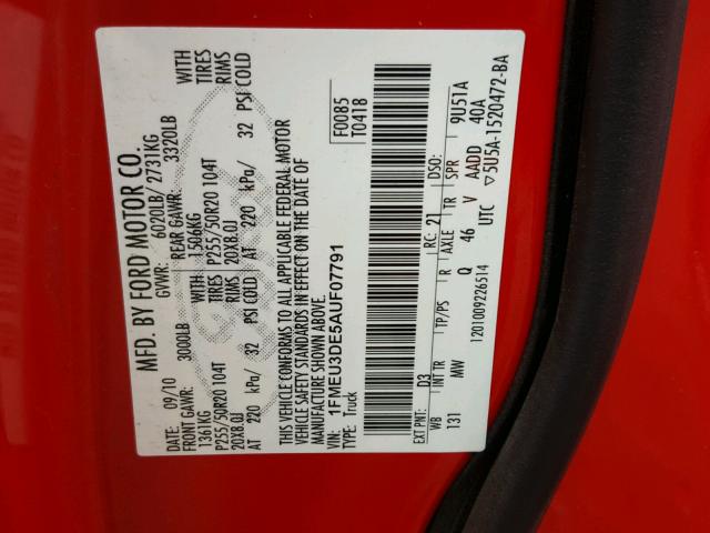 1FMEU3DE5AUF07791 - 2010 FORD EXPLORER S RED photo 10