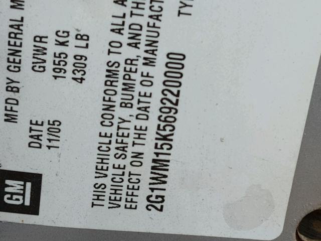 2G1WM15K569220000 - 2006 CHEVROLET MONTE CARL ვერცხლისფერი ფოტო 10