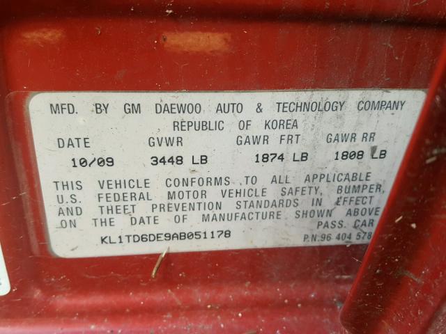 KL1TD6DE9AB051178 - 2010 CHEVROLET AVEO LS RED photo 10