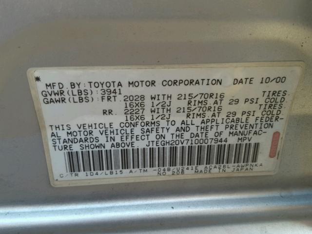 JTEGH20V710007944 - 2001 TOYOTA RAV4 SILVER photo 10