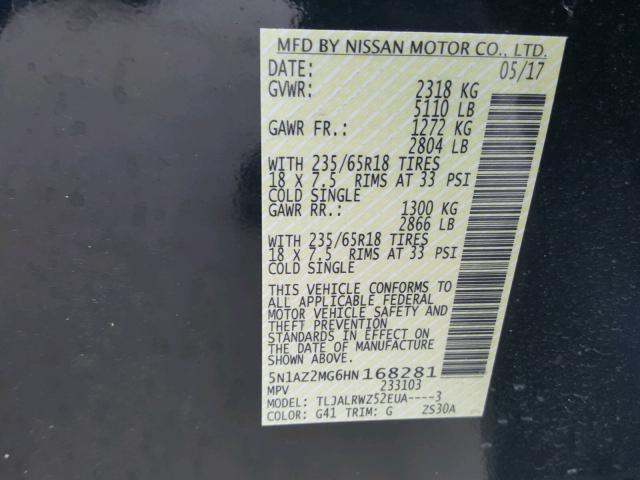 5N1AZ2MG6HN168281 - 2017 NISSAN MURANO S BLACK photo 10