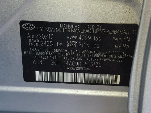 5NPEB4AC9DH515135 - 2013 HYUNDAI SONATA GLS SILVER photo 10