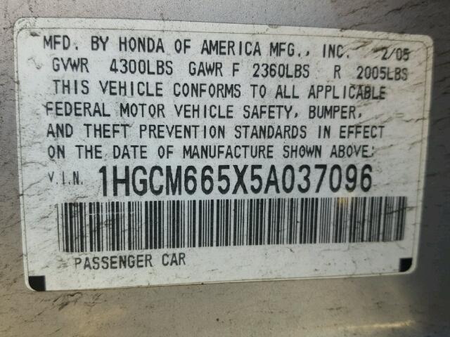 1HGCM665X5A037096 - 2005 HONDA ACCORD EX GRAY photo 10