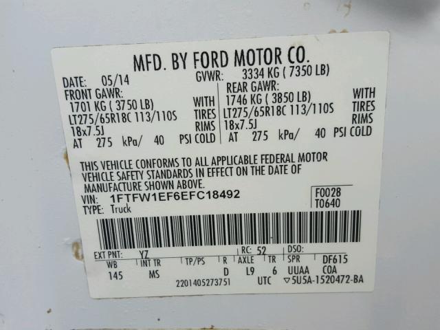 1FTFW1EF6EFC18492 - 2014 FORD F150 SUPER WHITE photo 10