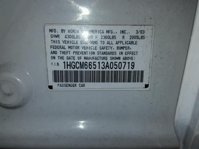 1HGCM66513A050719 - 2003 HONDA ACCORD EX WHITE photo 10