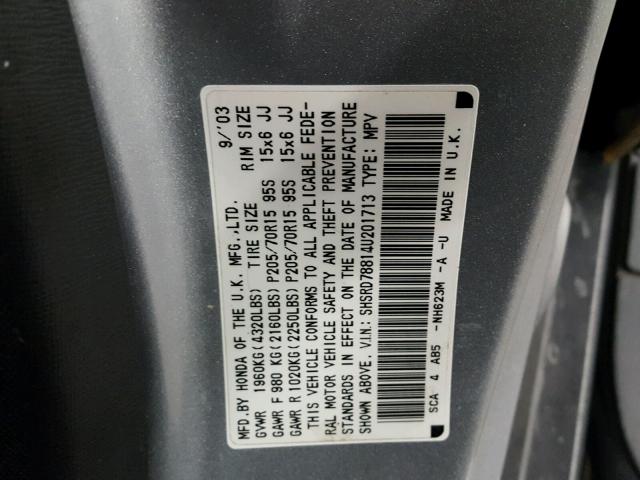 SHSRD78814U201713 - 2004 HONDA CR-V EX SILVER photo 10