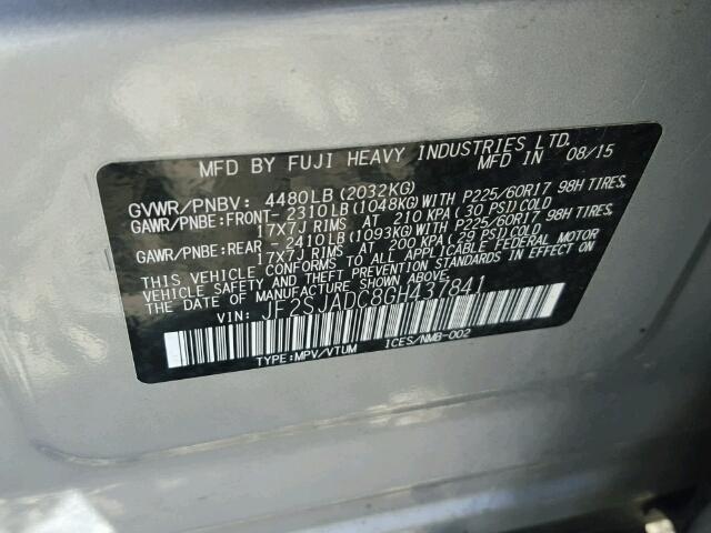 JF2SJADC8GH437841 - 2016 SUBARU FORESTER 2 SILVER photo 10