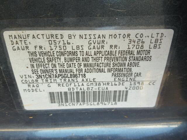 3N1CN7AP5GL896718 - 2016 NISSAN VERSA S BLUE photo 10