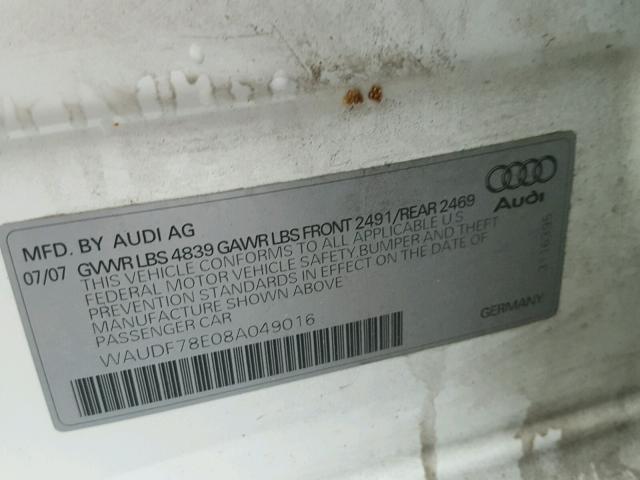 WAUDF78E08A049016 - 2008 AUDI A4 2.0T QU WHITE photo 10