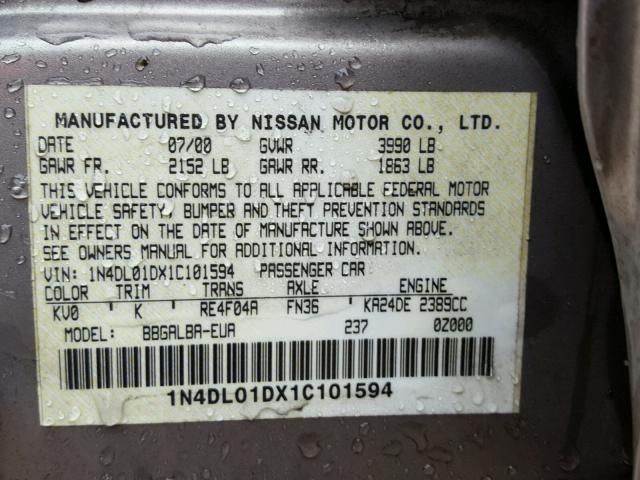 1N4DL01DX1C101594 - 2001 NISSAN ALTIMA XE TAN photo 10