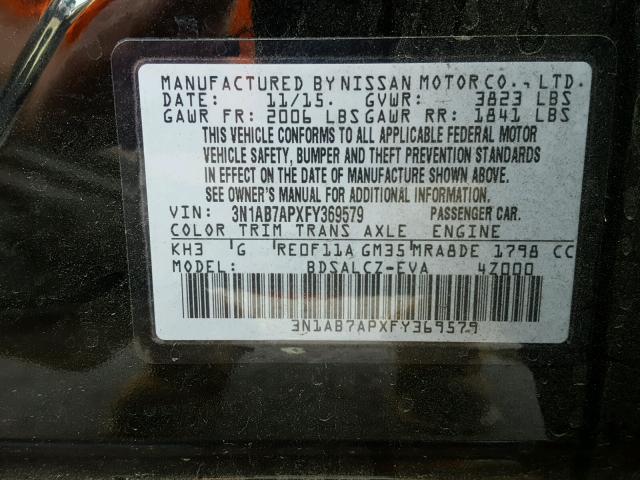 3N1AB7APXFY369579 - 2015 NISSAN SENTRA S BLACK photo 10