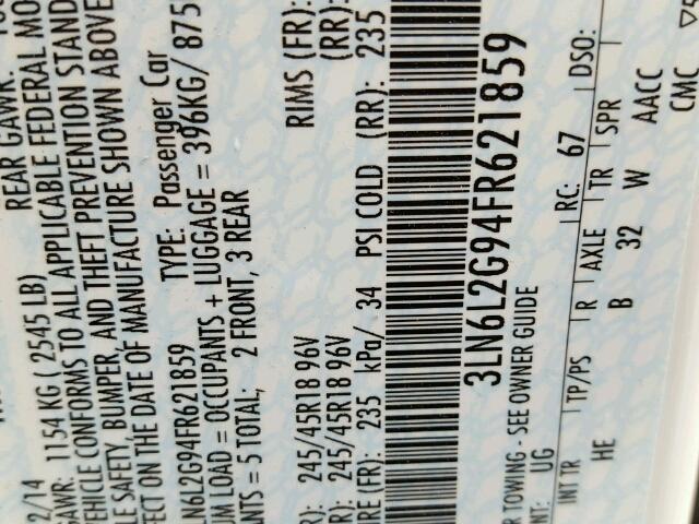 3LN6L2G94FR621859 - 2015 LINCOLN MKZ Blanco foto 10