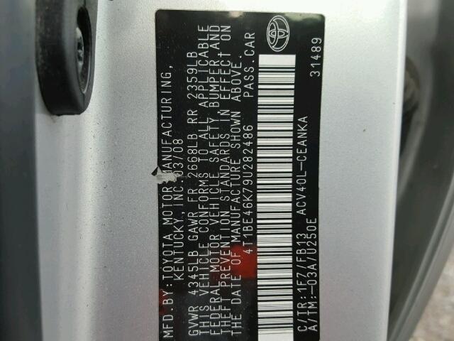 4T1BE46K79U282486 - 2009 TOYOTA CAMRY BASE SILVER photo 10