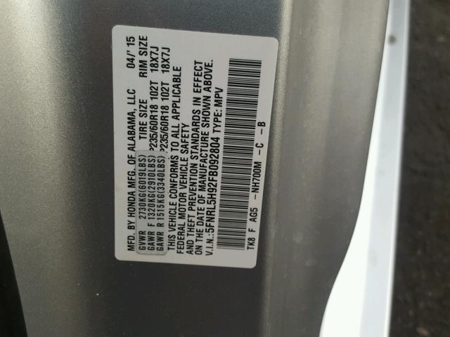 5FNRL5H92FB092804 - 2015 HONDA ODYSSEY TO SILVER photo 10