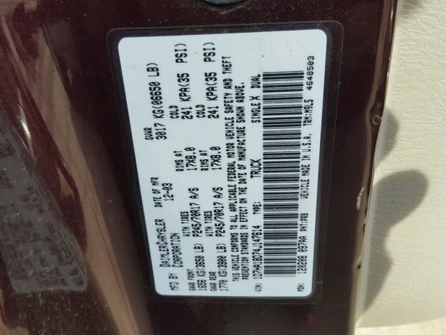 1D7HA18D74J147614 - 2004 DODGE RAM 1500 S MAROON photo 10