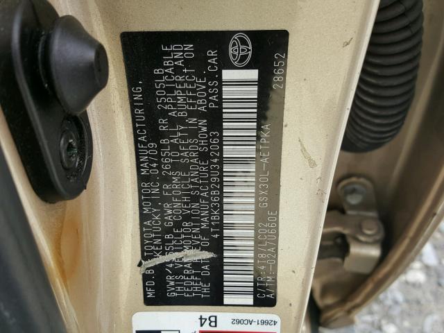 4T1BK36B29U342063 - 2009 TOYOTA AVALON XL BEIGE photo 10