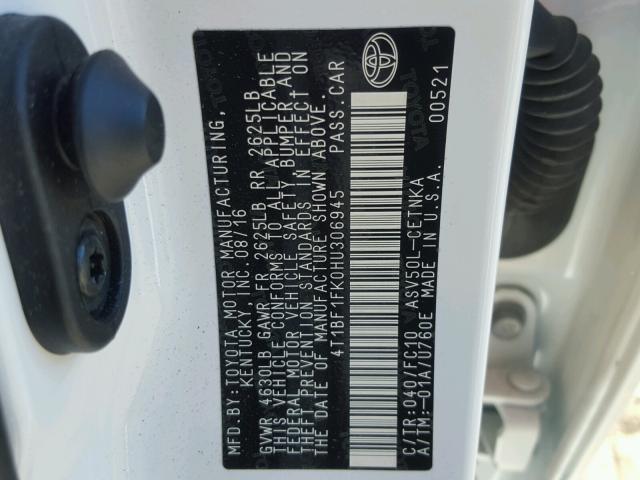 4T1BF1FK0HU306945 - 2017 TOYOTA CAMRY LE თეთრი ფოტო 10