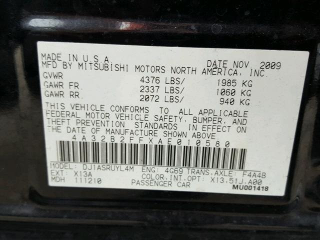 4A32B2FFXAE010580 - 2010 MITSUBISHI GALANT FE BLACK photo 10