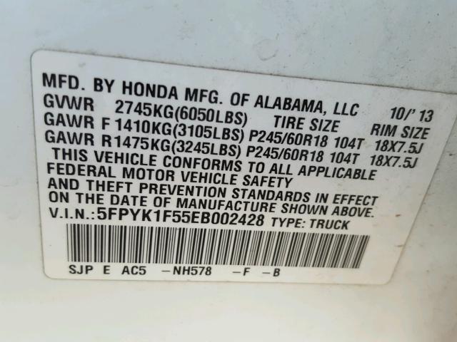 5FPYK1F55EB002428 - 2014 HONDA RIDGELINE WHITE photo 10