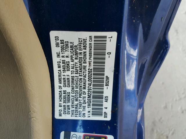 1HGEM22974L000262 - 2004 HONDA CIVIC EX BLUE photo 10