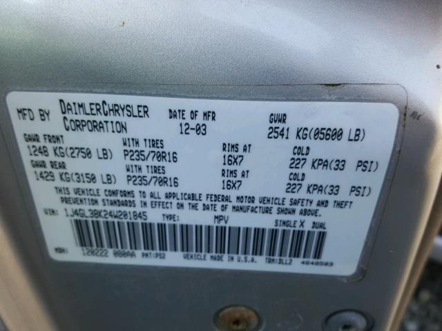 1J4GL38K24W201845 - 2004 JEEP LIBERTY RE SILVER photo 10