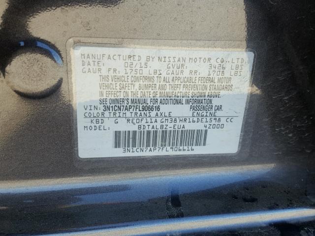 3N1CN7AP7FL906616 - 2015 NISSAN VERSA S GRAY photo 10