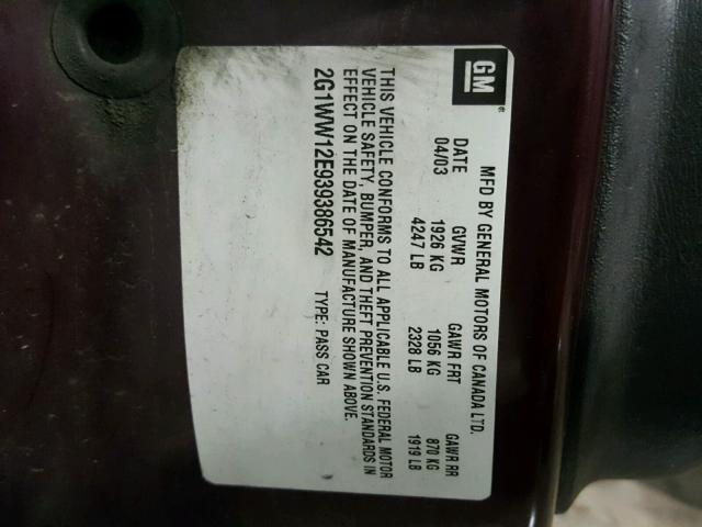 2G1WW12E939386542 - 2003 CHEVROLET MONTE CARL ბურგუნდია ფოტო 10