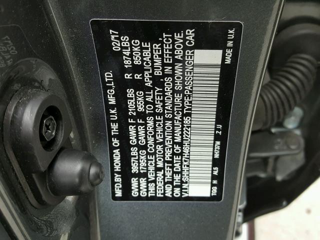 SHHFK7H46HU222185 - 2017 HONDA CIVIC SPOR GRAY photo 10