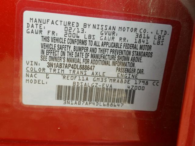 3N1AB7AP4DL688647 - 2013 NISSAN SENTRA S RED photo 10