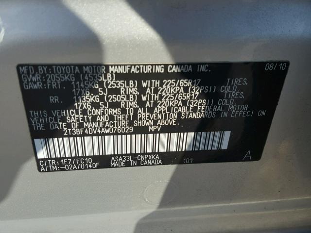 2T3BF4DV4AW076029 - 2010 TOYOTA RAV4 银色 照片 10