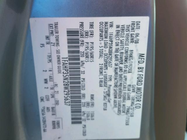 1FAHP35N28W295637 - 2008 FORD FOCUS SE SILVER photo 10