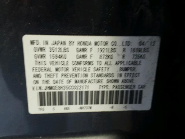 JHMGE8H35CC022171 - 2012 HONDA FIT Gris photo 10