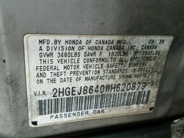 2HGEJ8640WH620879 - 1998 HONDA CIVIC EX SILVER photo 10