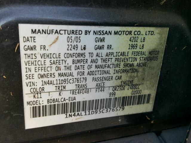 1N4AL11D95C376579 - 2005 NISSAN ALTIMA S GRAY photo 10