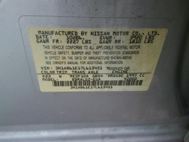 3N1AB61E17L613451 - 2007 NISSAN SENTRA 2.0 SILVER photo 10