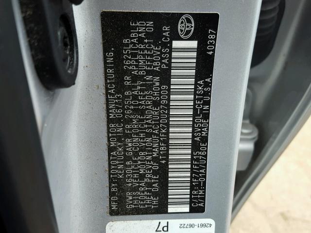 4T1BF1FK7DU279009 - 2013 TOYOTA CAMRY L SILVER photo 10